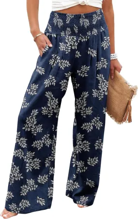 Womens Wide Leg Palazzo Dress Pants Elastic High Waisted Lounge Long Flowy Trousers Pant with Pocket