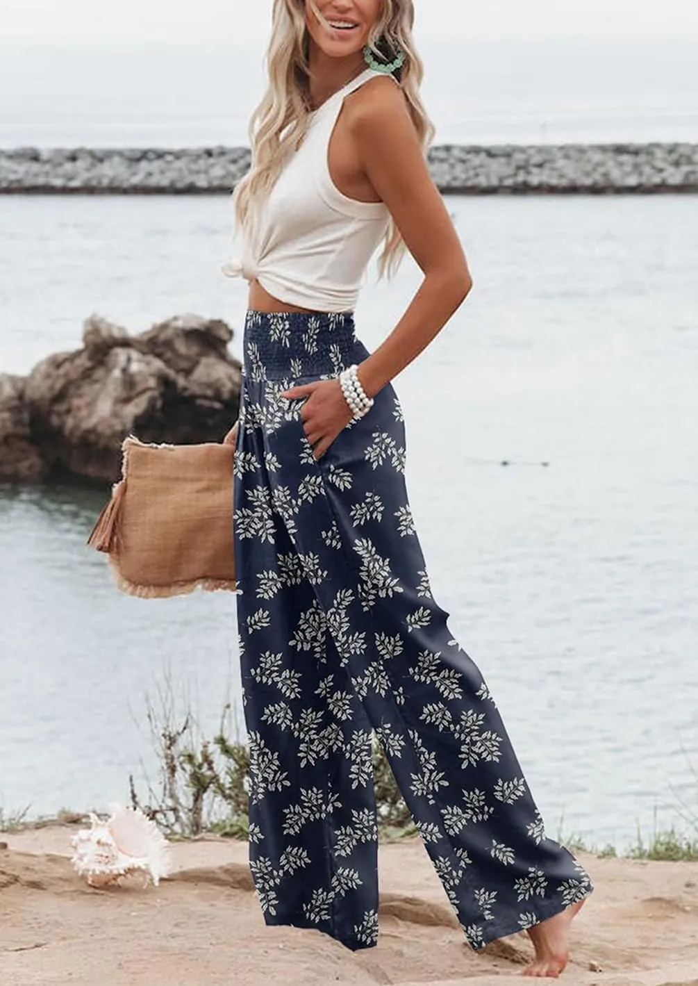 Womens Wide Leg Palazzo Dress Pants Elastic High Waisted Lounge Long Flowy Trousers Pant with Pocket