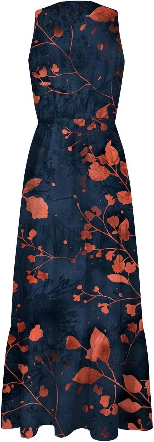ZYXTIM Women's 2024 Summer Floral Boho Dress V Neck Elastic Waist Slim Fit Long Maxi Dress Beach Vacation Travel Guest Dress