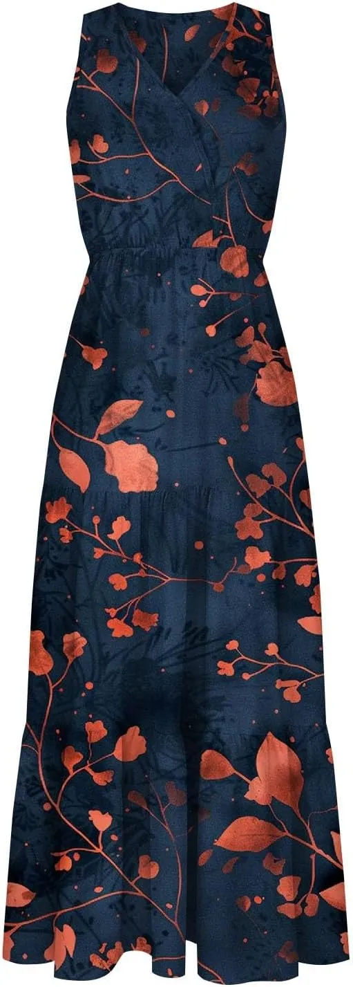 ZYXTIM Women's 2024 Summer Floral Boho Dress V Neck Elastic Waist Slim Fit Long Maxi Dress Beach Vacation Travel Guest Dress