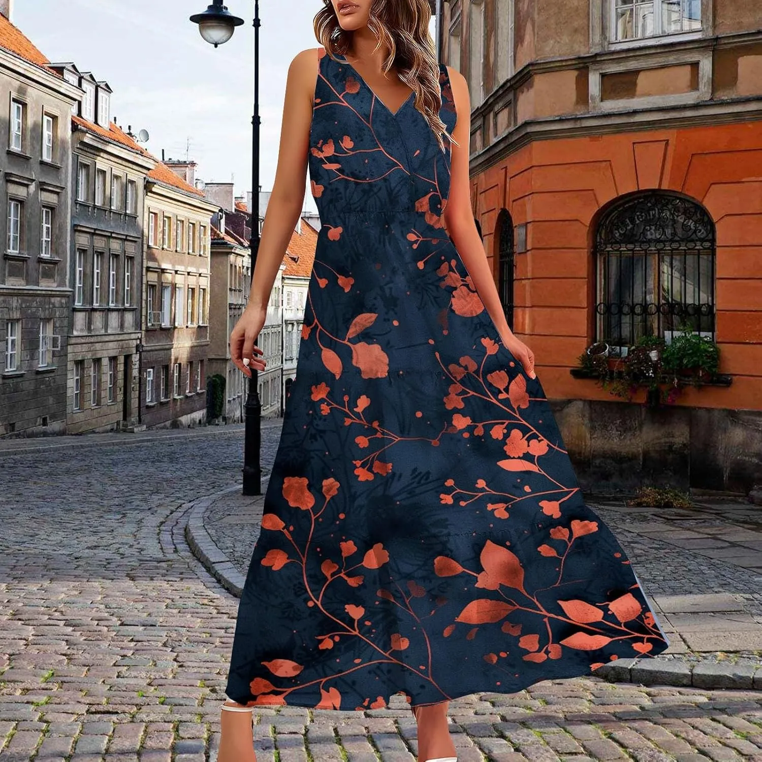 ZYXTIM Women's 2024 Summer Floral Boho Dress V Neck Elastic Waist Slim Fit Long Maxi Dress Beach Vacation Travel Guest Dress