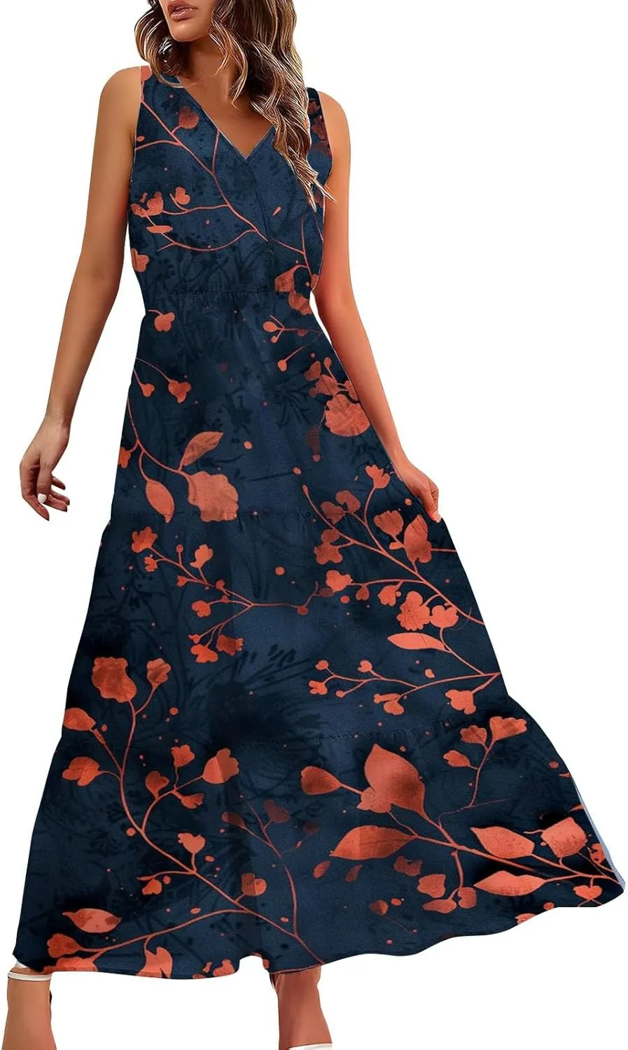 ZYXTIM Women's 2024 Summer Floral Boho Dress V Neck Elastic Waist Slim Fit Long Maxi Dress Beach Vacation Travel Guest Dress